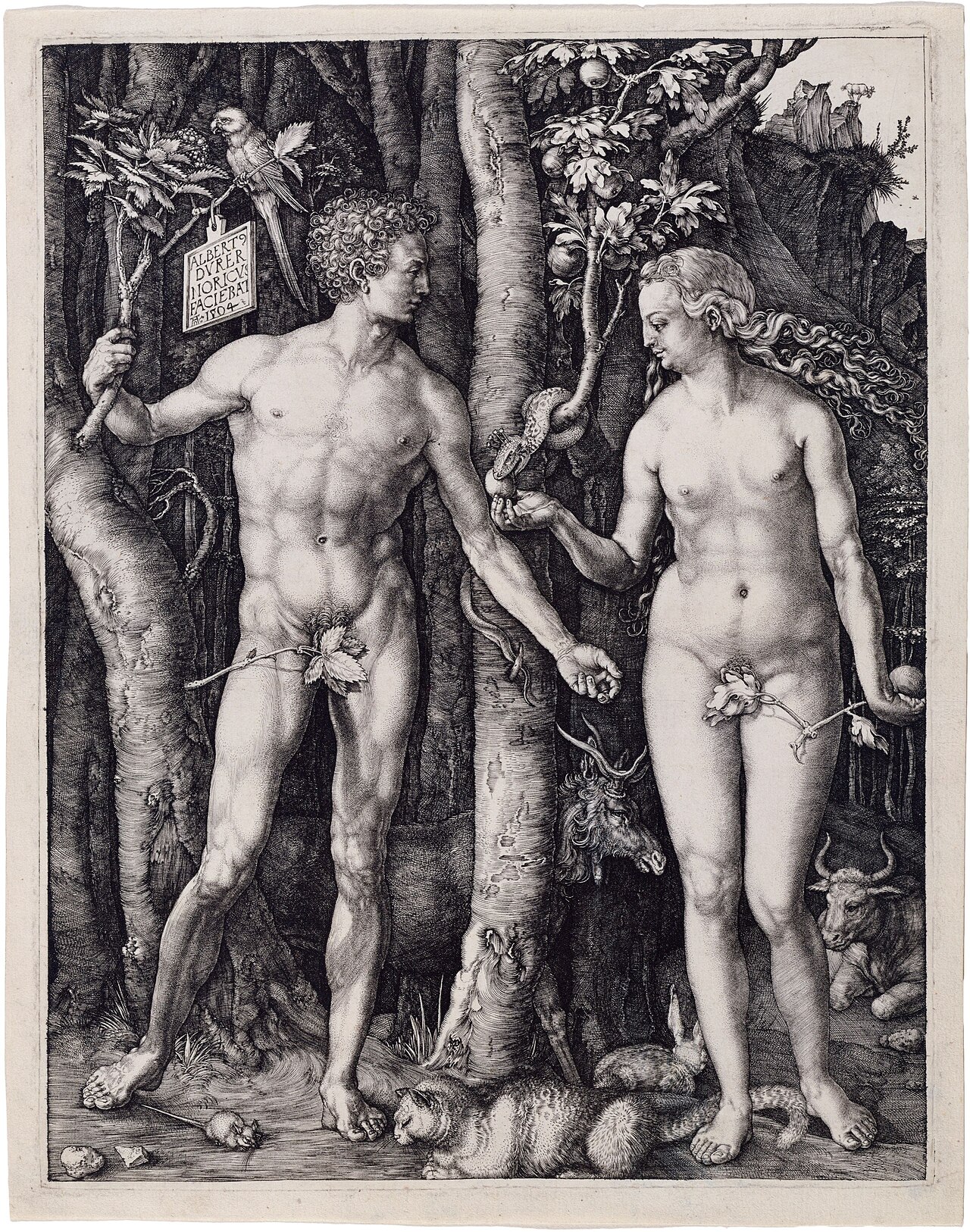 Albrecht Dürer, Adam and Eve (1504, engraving) — the first man and the first woman beside the tree in the garden.
