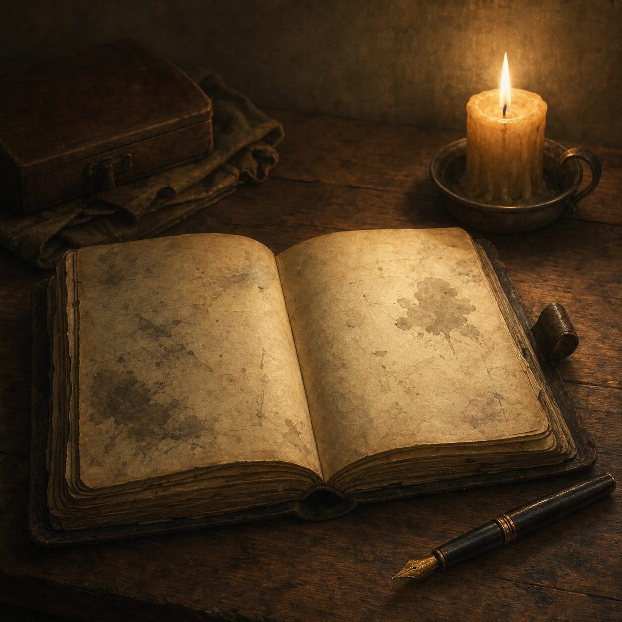 Conceptual illustration of an old diary and fountain pen open beneath candlelight