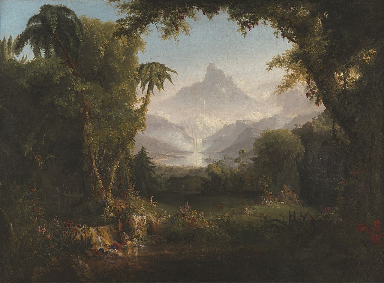 Thomas Cole, The Garden of Eden (1828) — a paradise of rivers, waterfalls, and lush trees.