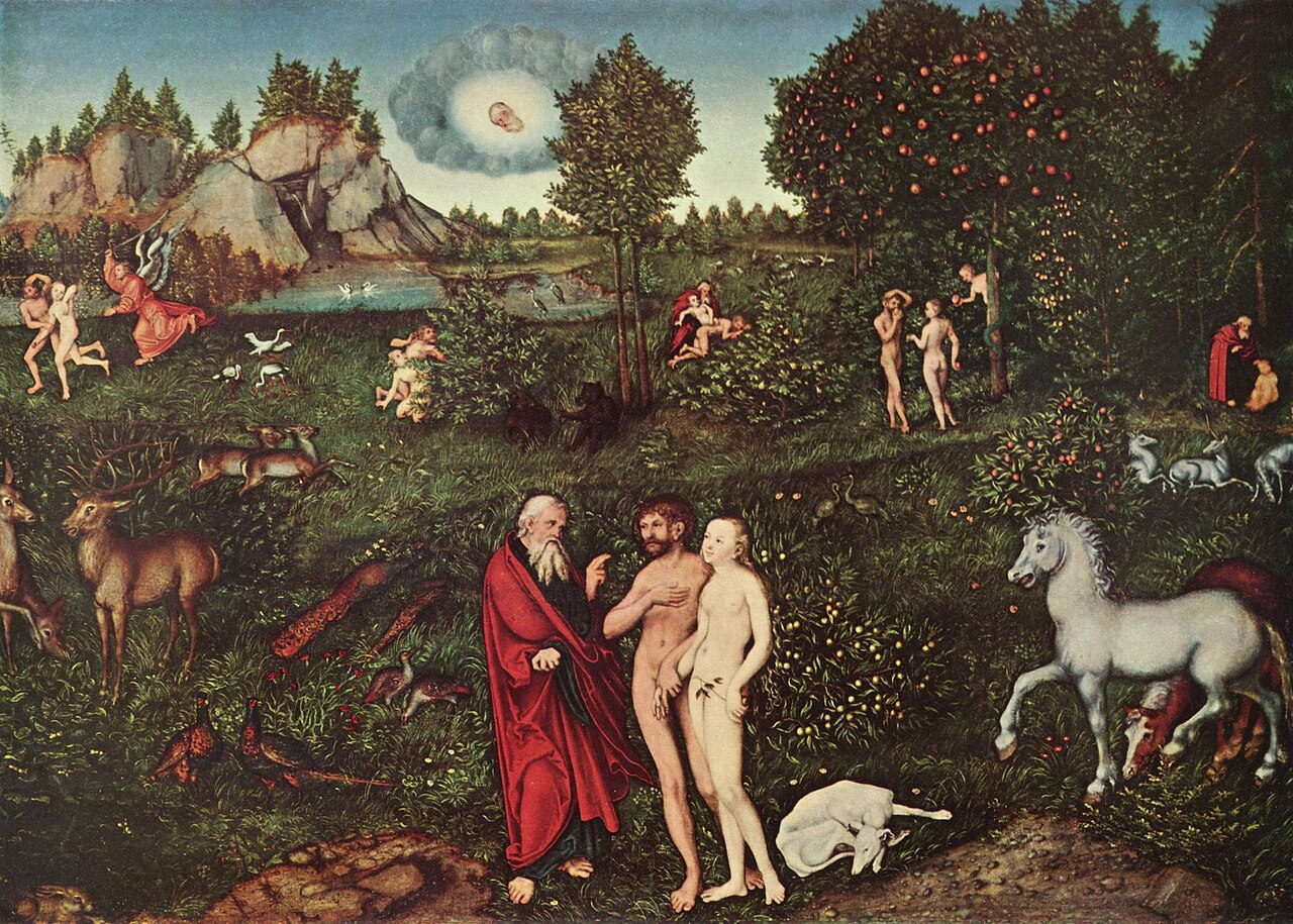 Lucas Cranach the Elder, Paradise — God bringing the woman to Adam in the garden, with the animals all around.