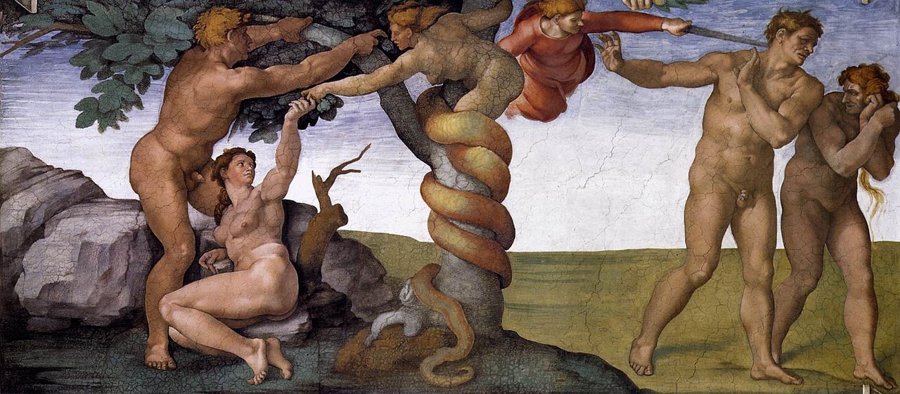 Adam and Eve receiving the forbidden fruit from the serpent, and the two being driven from Eden by an angel with a flaming sword, combined in one Michelangelo fresco