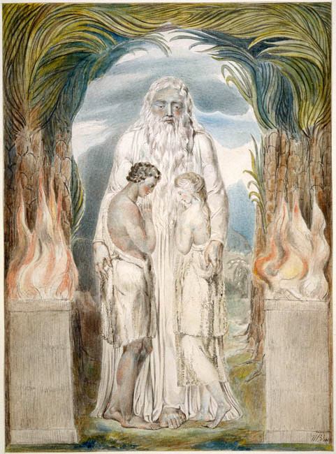 A white-robed divine presence embracing Adam and Eve and clothing them with garments of skin, flanked by pillars of fire