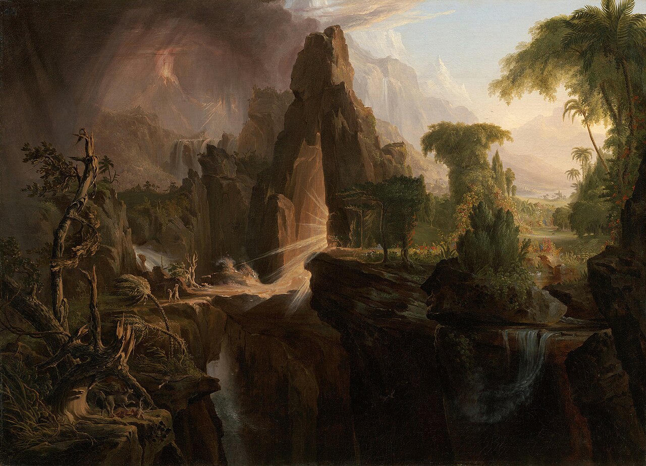 A dark rocky gorge contrasted with a distant, radiant Eden — the wilderness after the expulsion