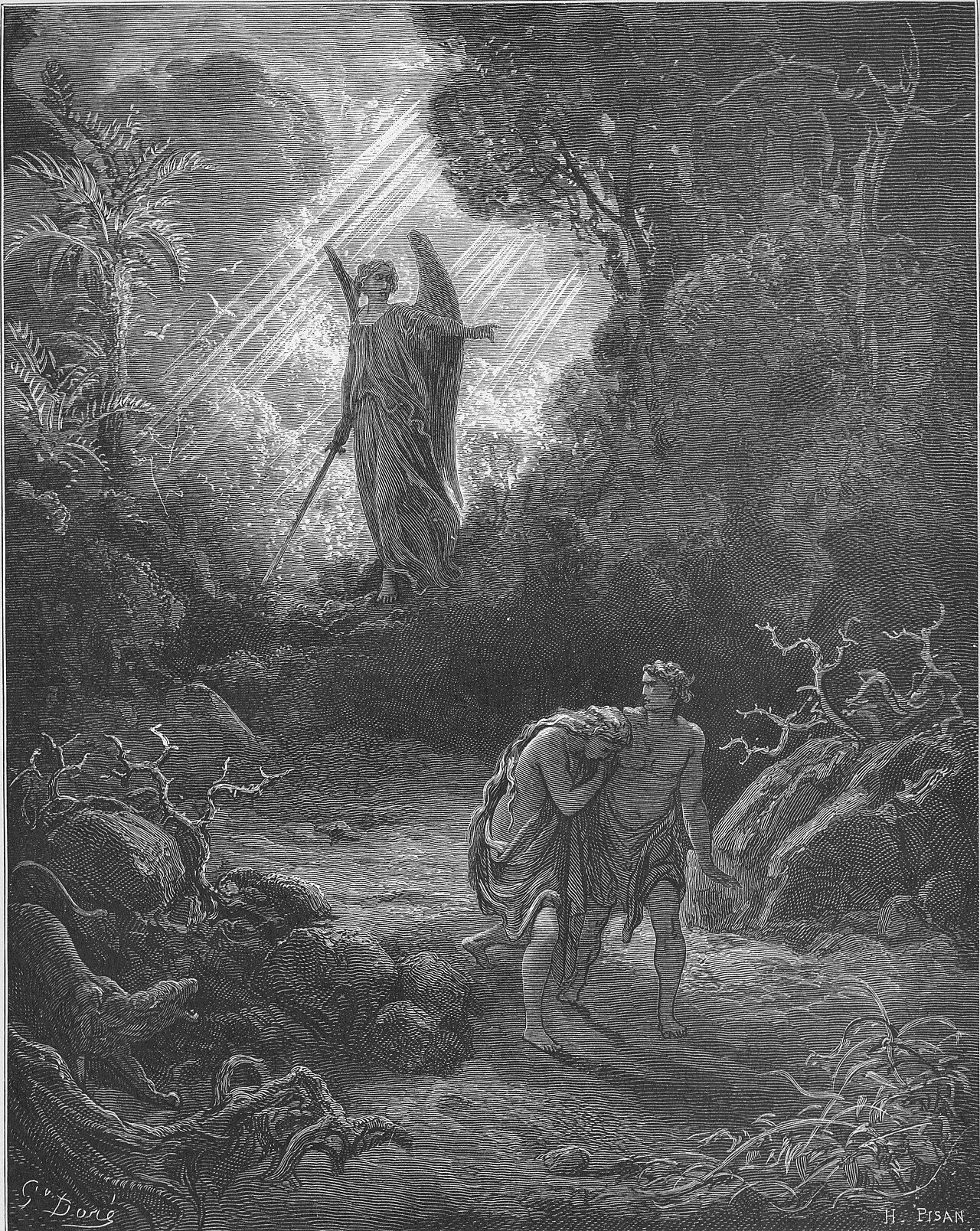 Adam and Eve bowing their heads as they leave Eden beneath an angel holding a radiant flaming sword