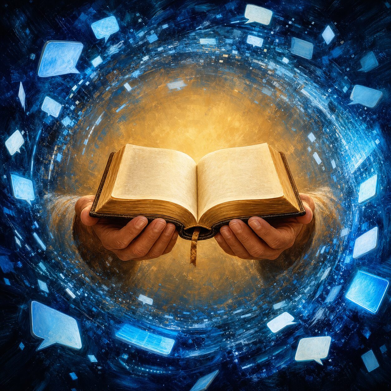 An open Bible held up amid swirling digital light