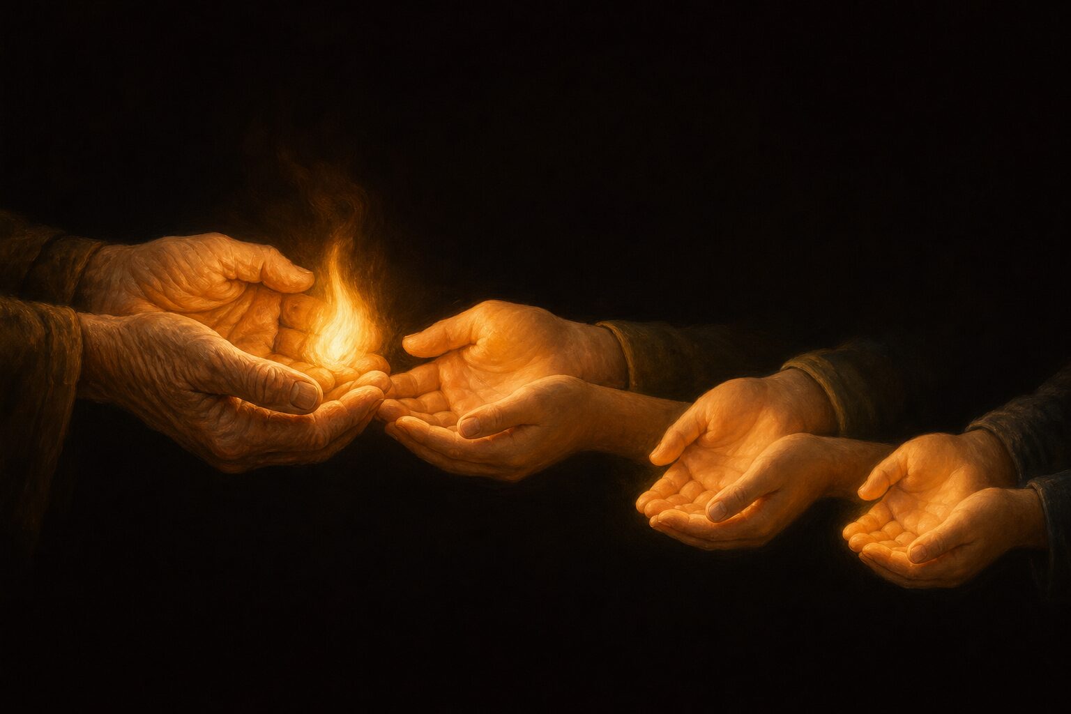 Hands passing a flame from generation to generation