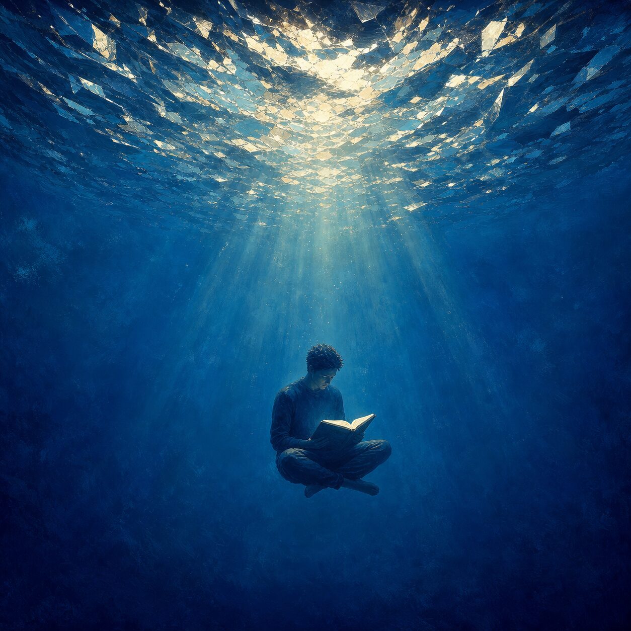 A person reading a book deep underwater beneath scattered fragments of light at the surface