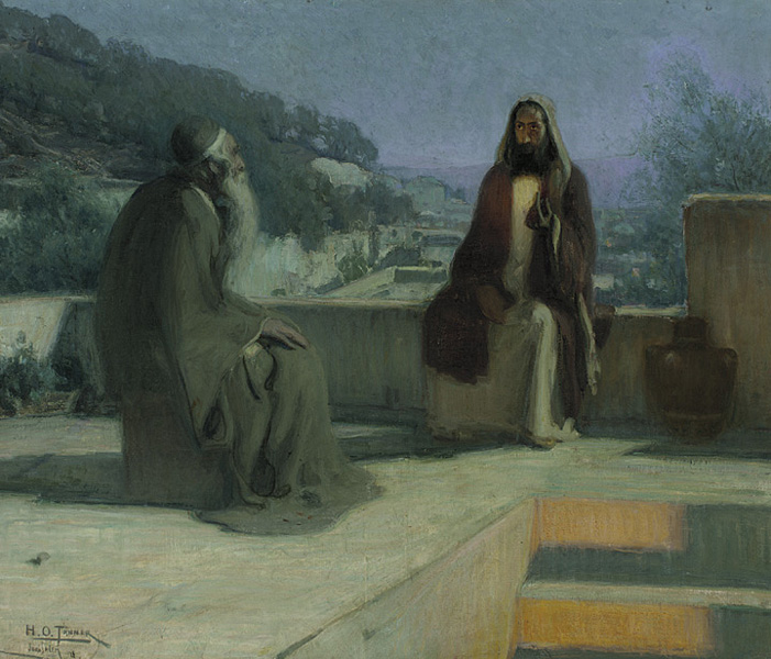 John 3:16 flowed out of Jesus’ night conversation with Nicodemus. Henry Ossawa Tanner, Jesus and Nicodemus.