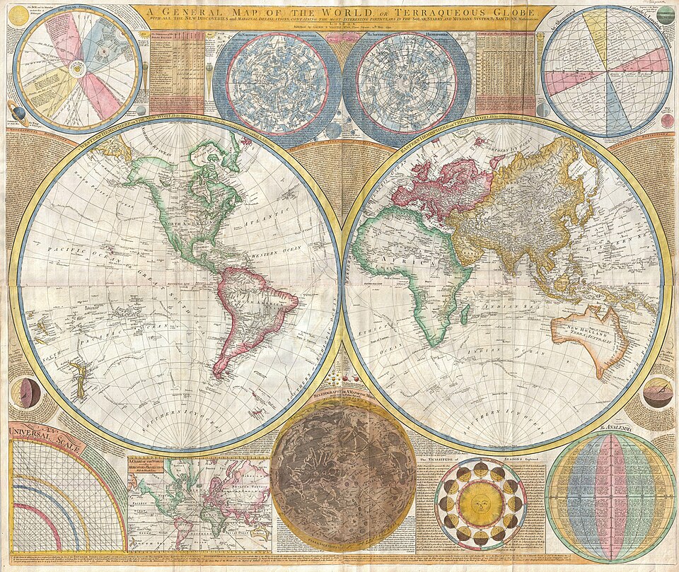 A world map in two hemispheres made in 1794