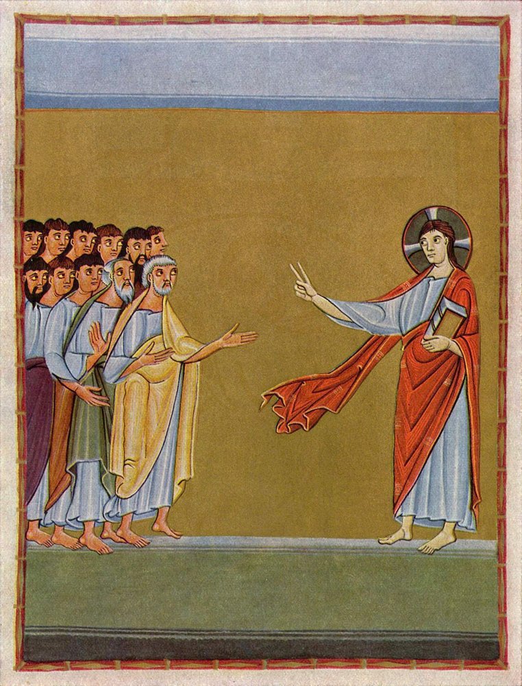 Medieval illumination of Jesus giving the Great Commission to his disciples