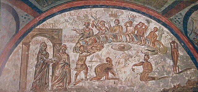 A fresco of the Agape feast, the early church's love feast, preserved in the Roman catacombs