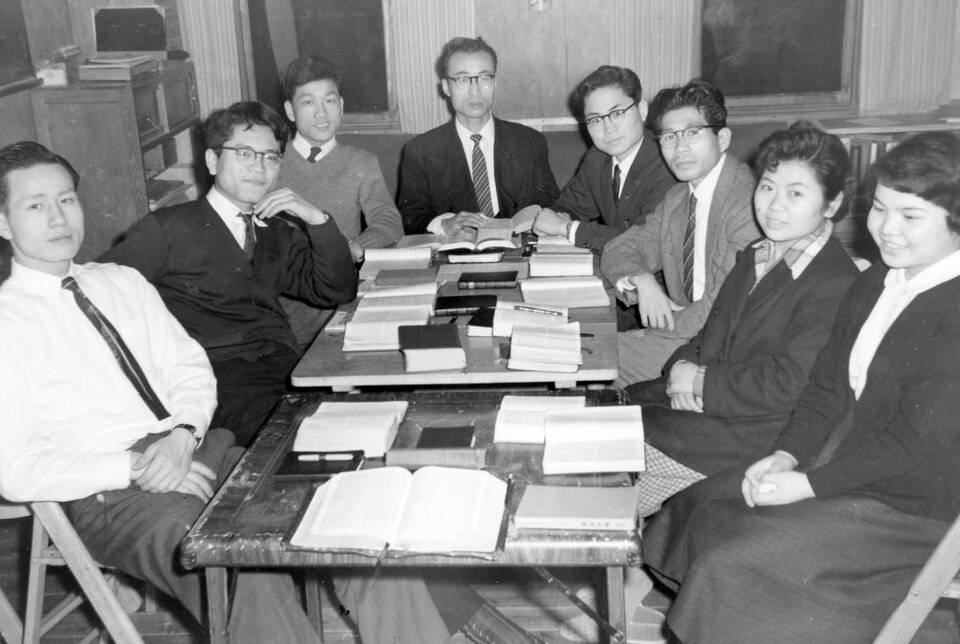 Photo of a Sunday evening Bible study gathering in Japan, late 1950s-early 1960s