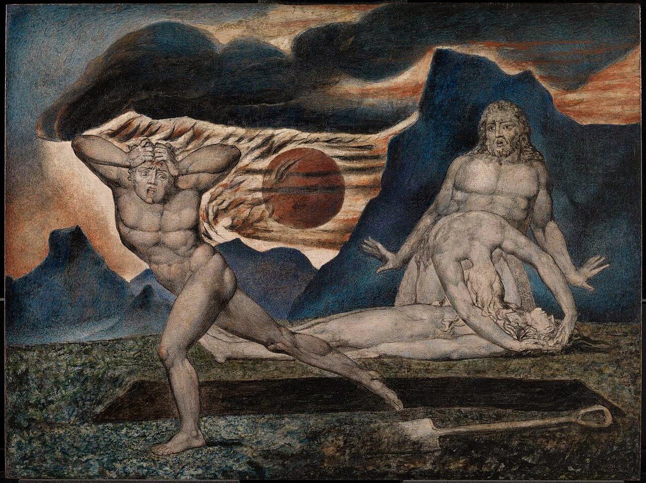 William Blake, “The Body of Abel Found by Adam and Eve” (1826), Tate — the parents grieve over the dead Abel as Cain flees clutching his head.