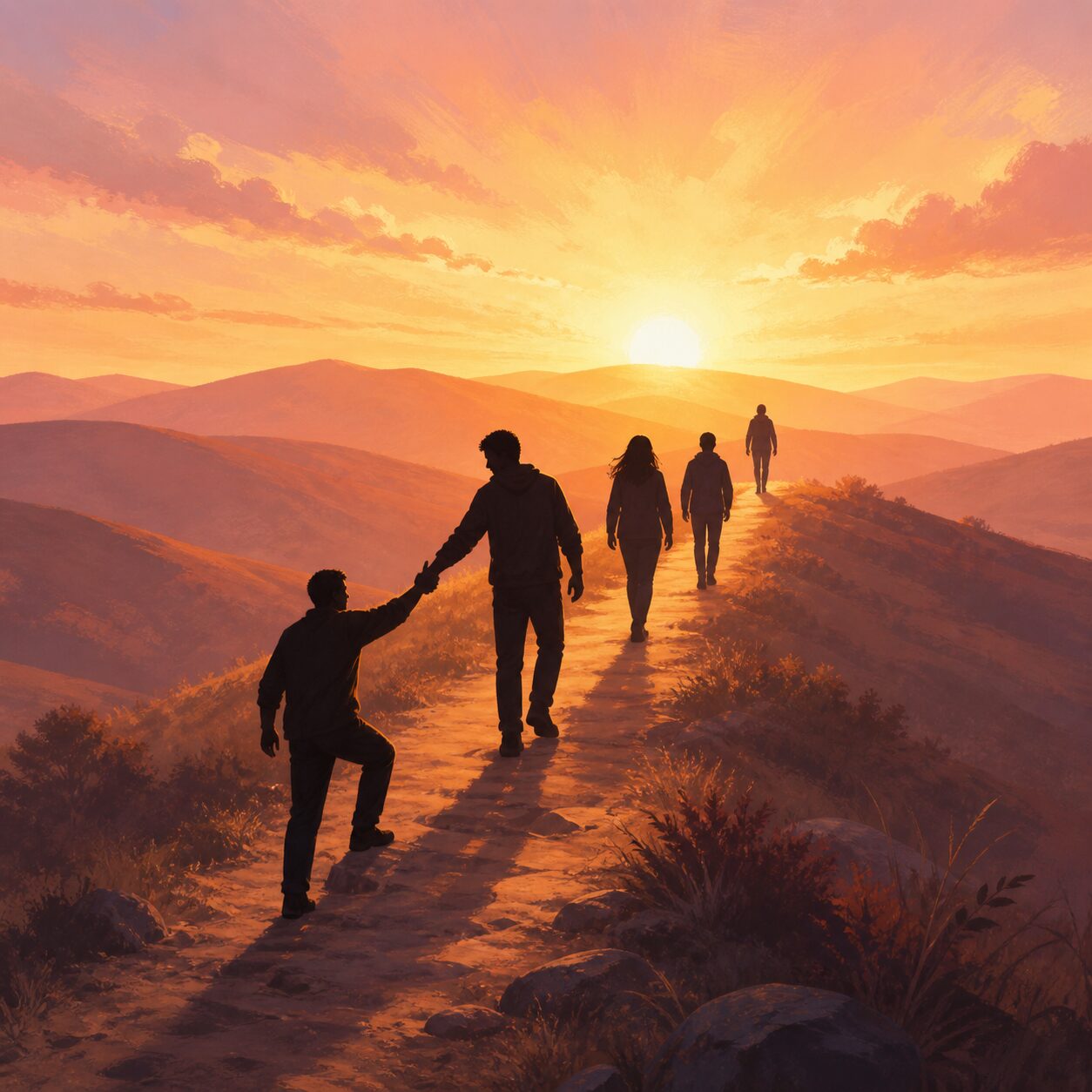 A conceptual illustration of serving one's neighbor and walking the road together. How we treat people is itself a testimony to the gospel (Matthew 28:19).