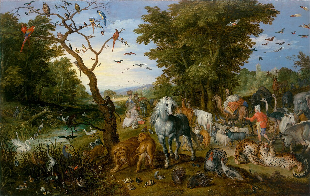 Jan Brueghel's oil painting of animals of every kind making their way toward the ark