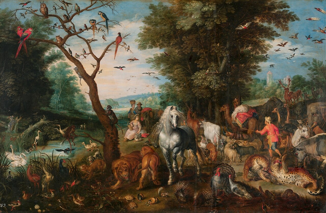 Many kinds of animals gathering toward the ark