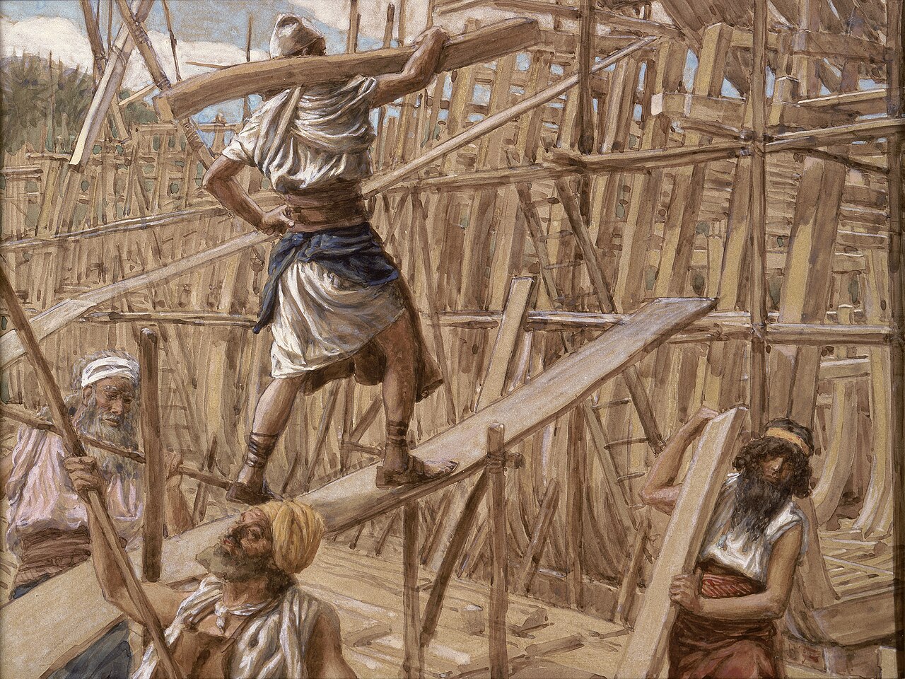 James Tissot's watercolor of workmen building the ark on a wooden framework