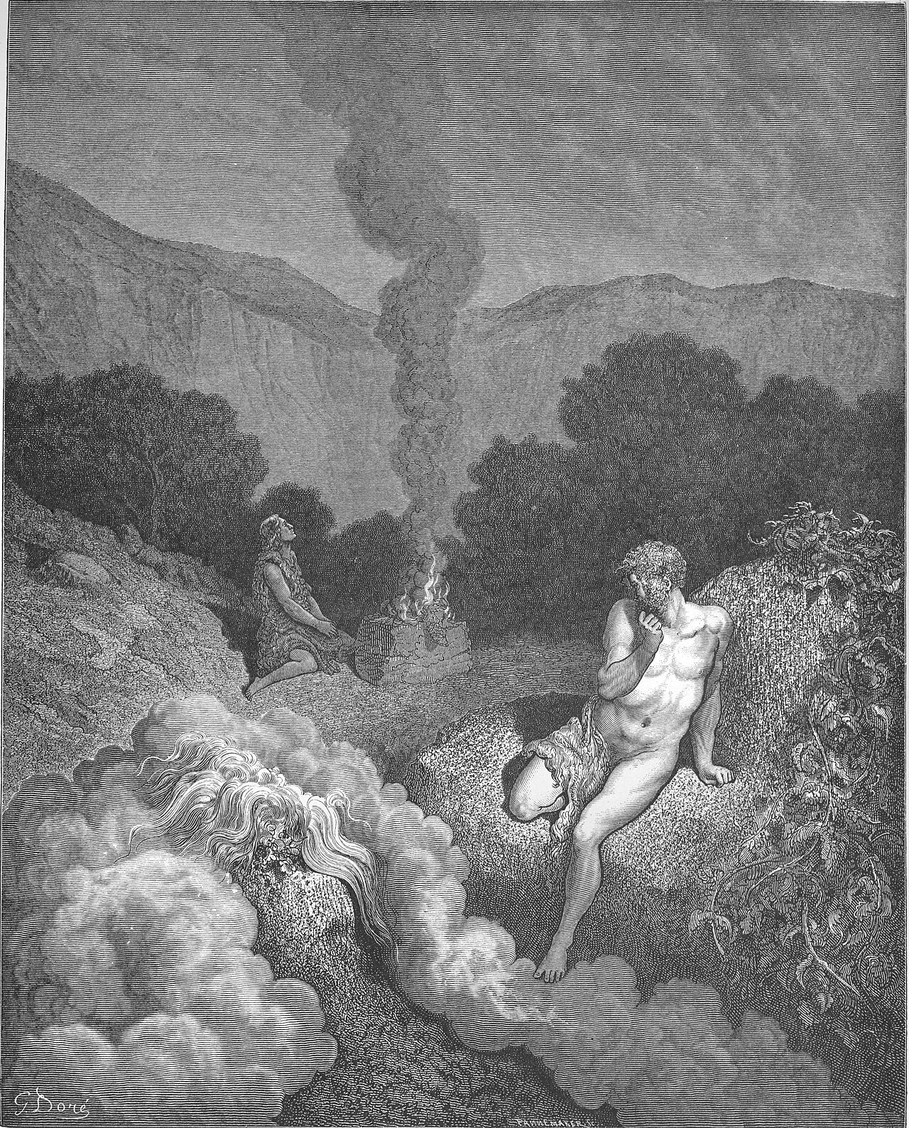 An engraving of Cain and Abel offering sacrifices at an altar
