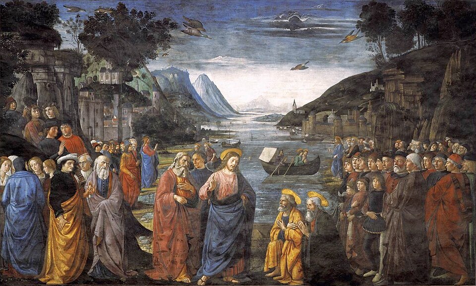 Classic painting of Jesus calling fishermen