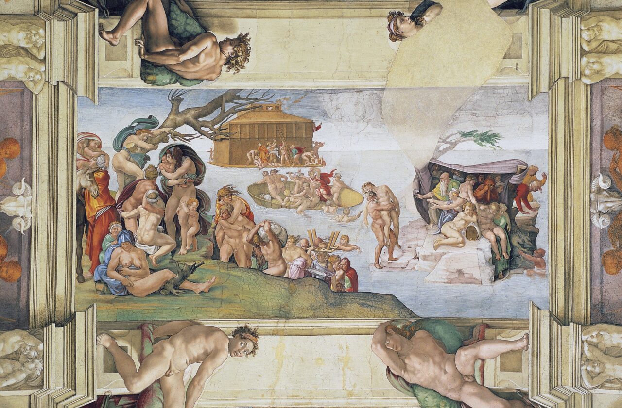Michelangelo's Sistine ceiling fresco of people climbing to high ground to escape the flood