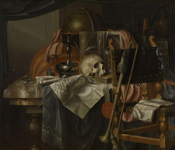 A vanitas still-life painting with a skull, globe, books, and instruments