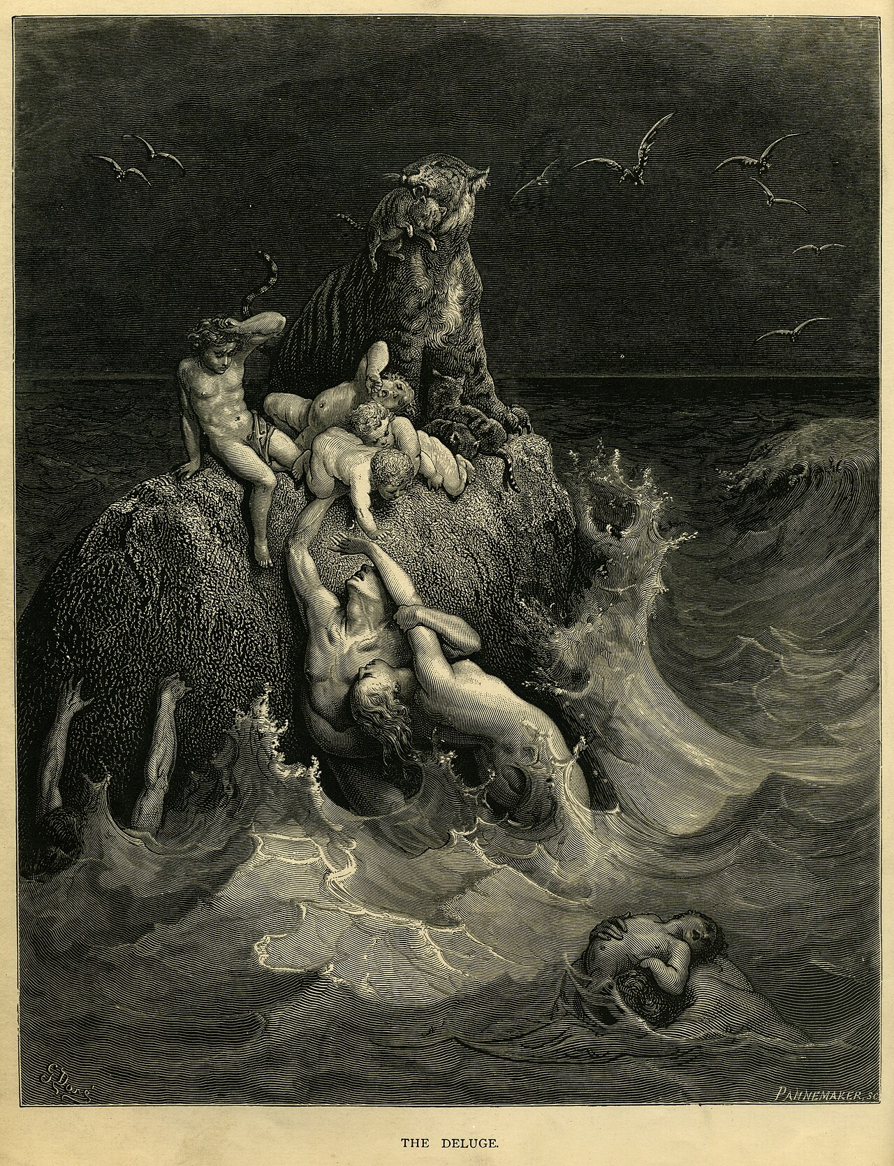 Gustave Doré's engraving of people and a tiger clinging to a rock amid rising floodwaters