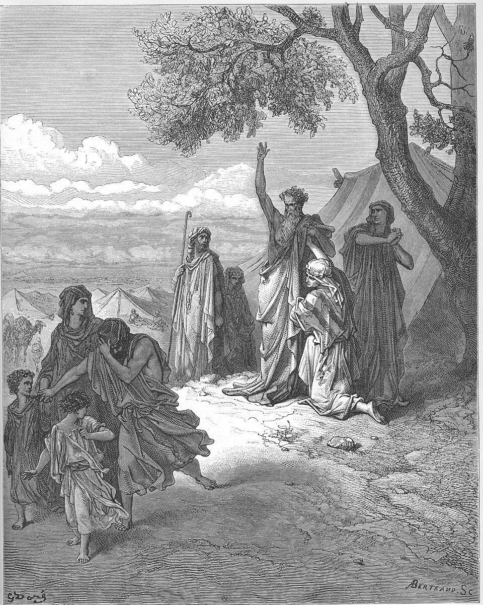Engraving of Noah raising his arm to pronounce a curse and a blessing, with one figure bowing his head in shame