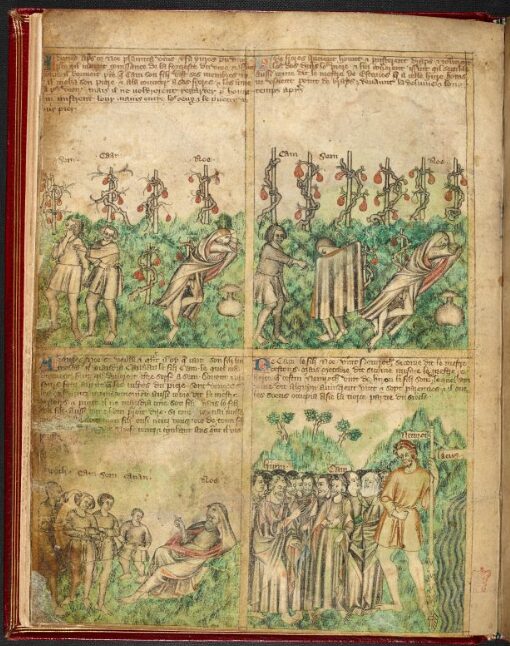 Medieval manuscript illumination showing four scenes: Noah planting a vineyard, lying drunk, and his sons covering him with a garment
