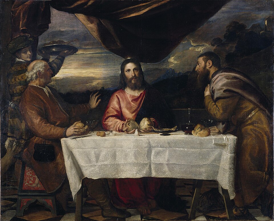 The risen Jesus breaking bread with two disciples at Emmaus (by Titian)