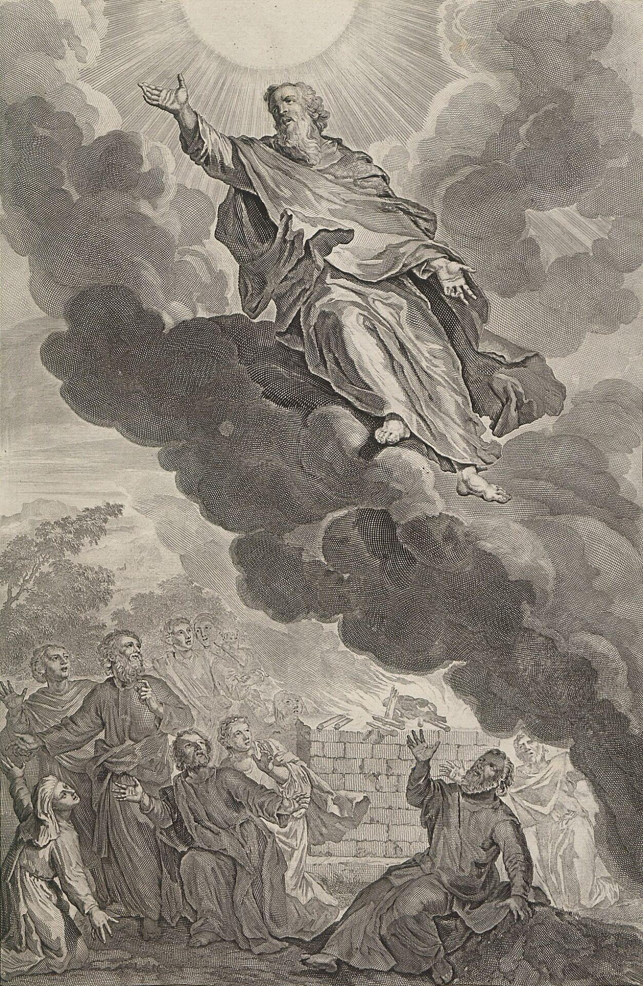 An engraving of Enoch being carried up into clouds and light