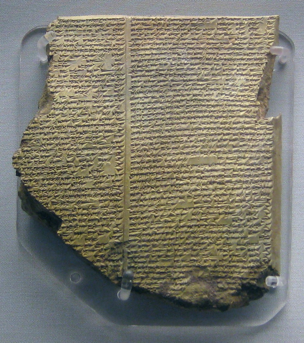 A clay tablet densely inscribed with cuneiform, the Gilgamesh flood tablet