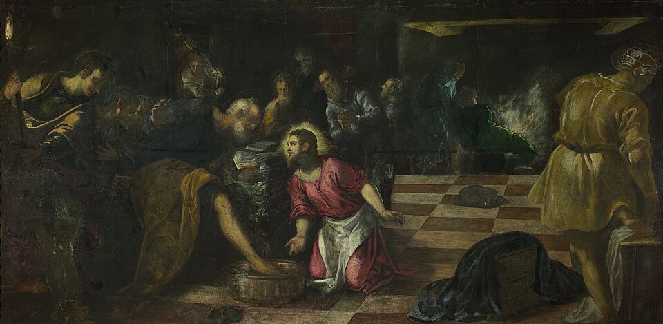 Classic painting of Jesus washing a disciple's feet