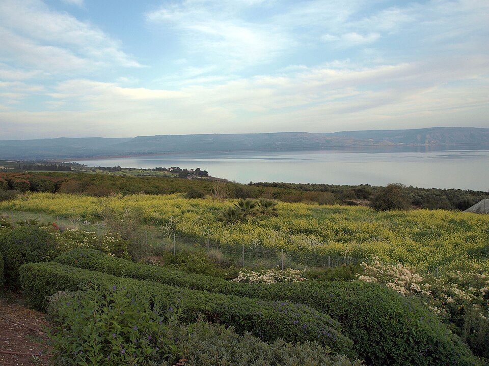 The Sea of Galilee and the hillside of the Mount of Beatitudes where the Sermon on the Mount was given