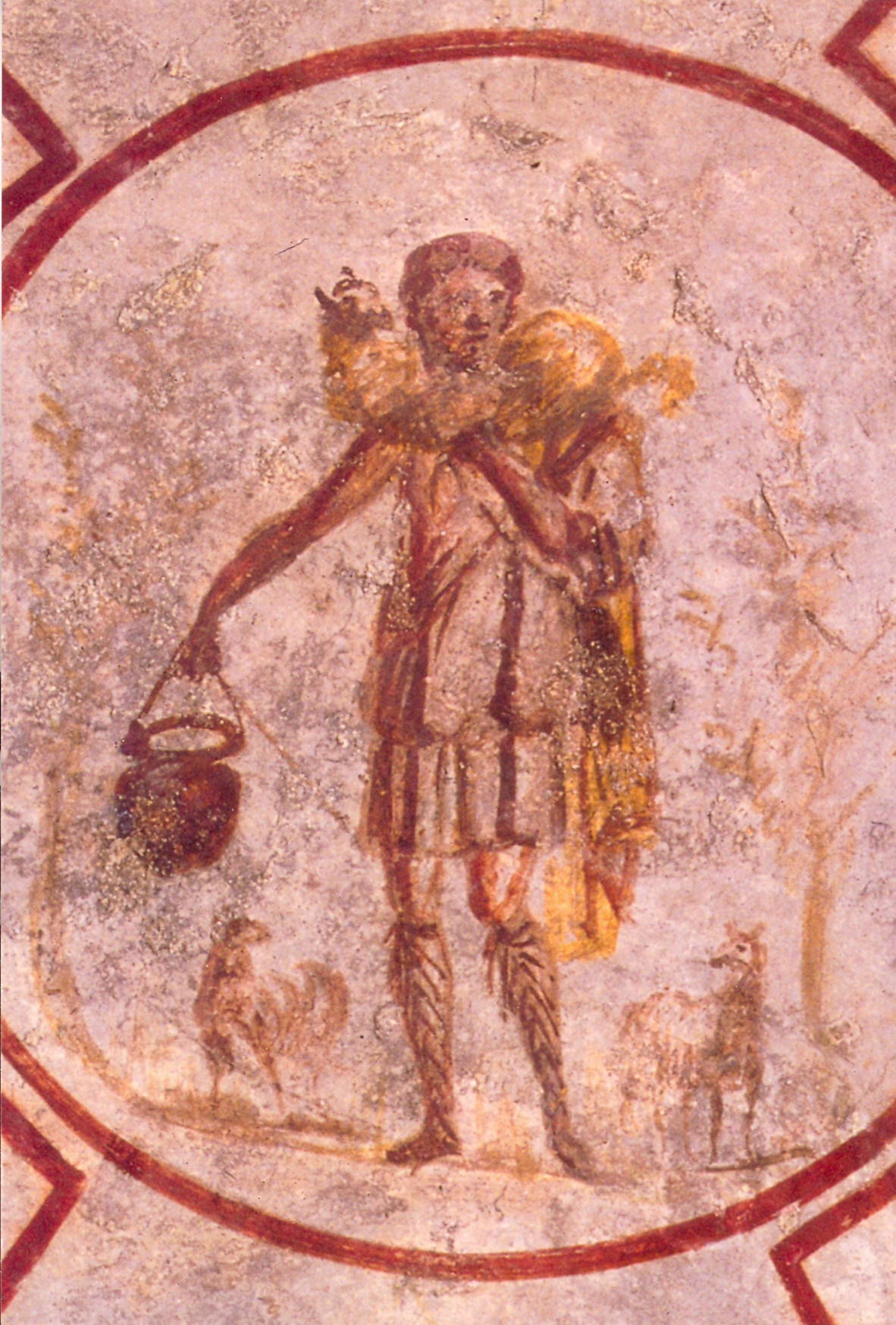The Good Shepherd carrying a lamb on his shoulders — a Roman catacomb fresco