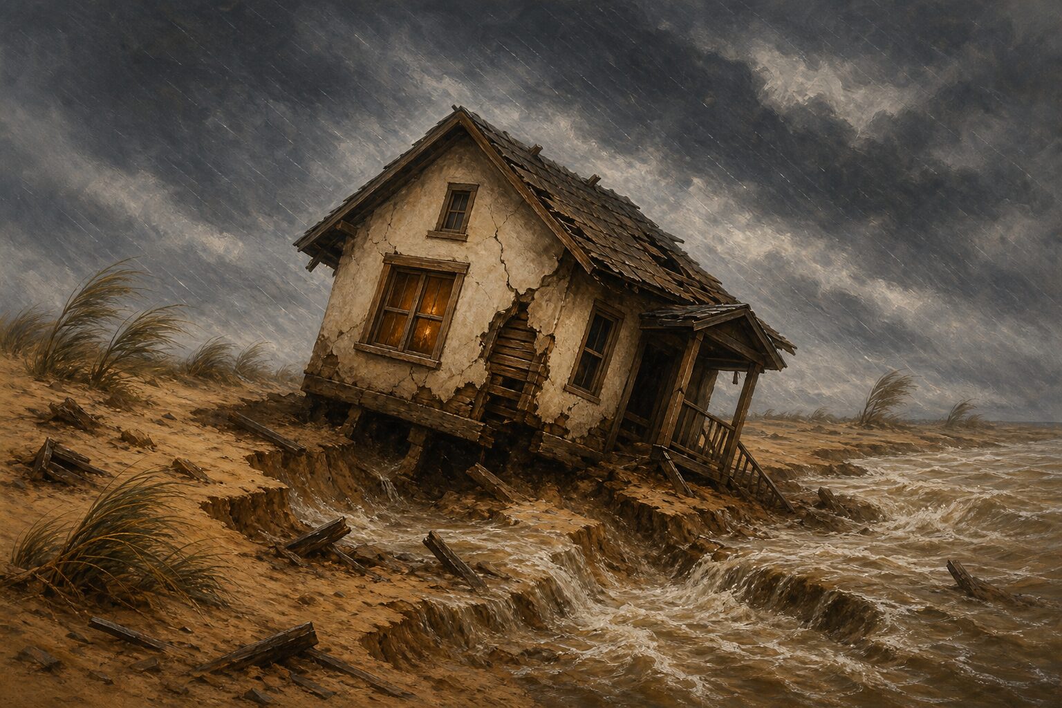 A house on sand tilting and collapsing as floodwater washes the sand away — symbolic illustration of the foolish builder who hears but does not do