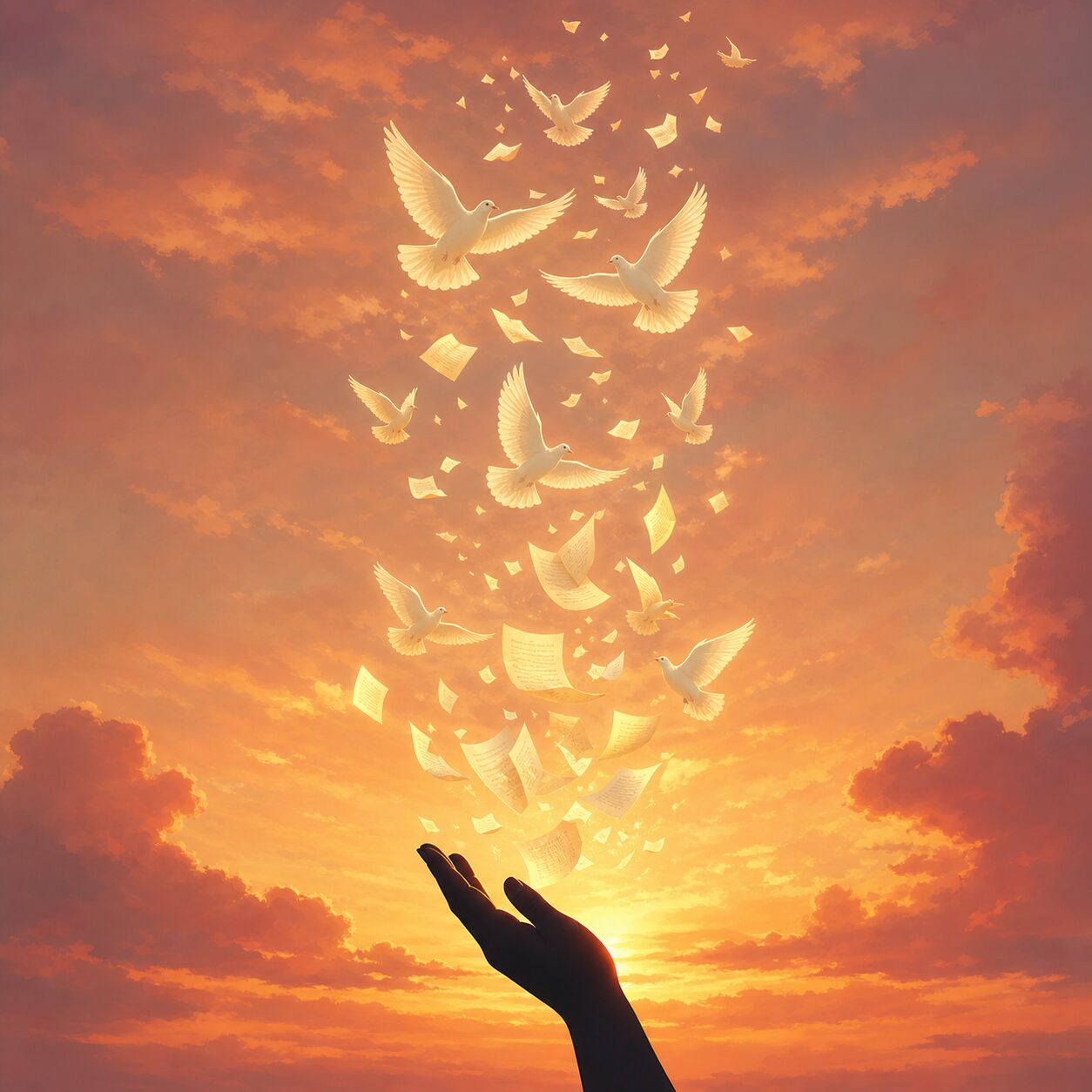 Silhouette of a hand releasing white doves and paper into a sunset sky