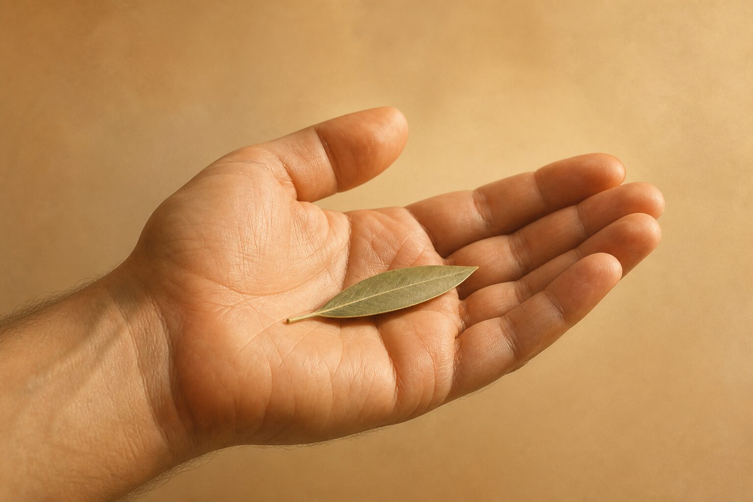 A single olive leaf resting on an open palm, symbolizing a new beginning