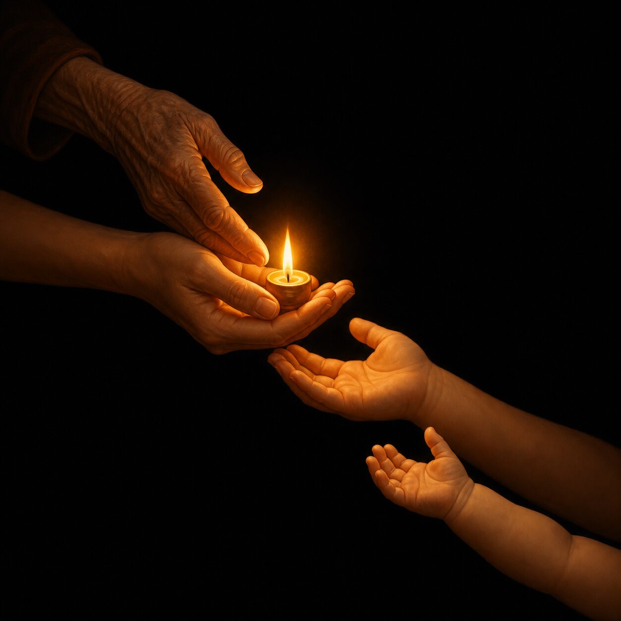 Illustration of a candle passed from an elder's hand to a child's hand