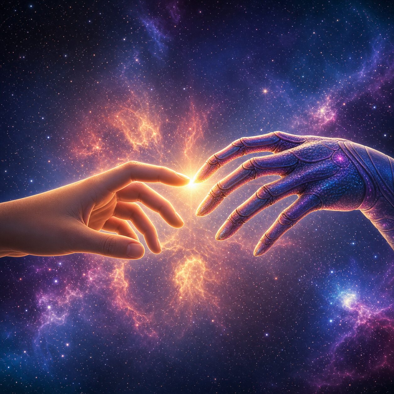 A human hand and an alien hand touching against a backdrop of space