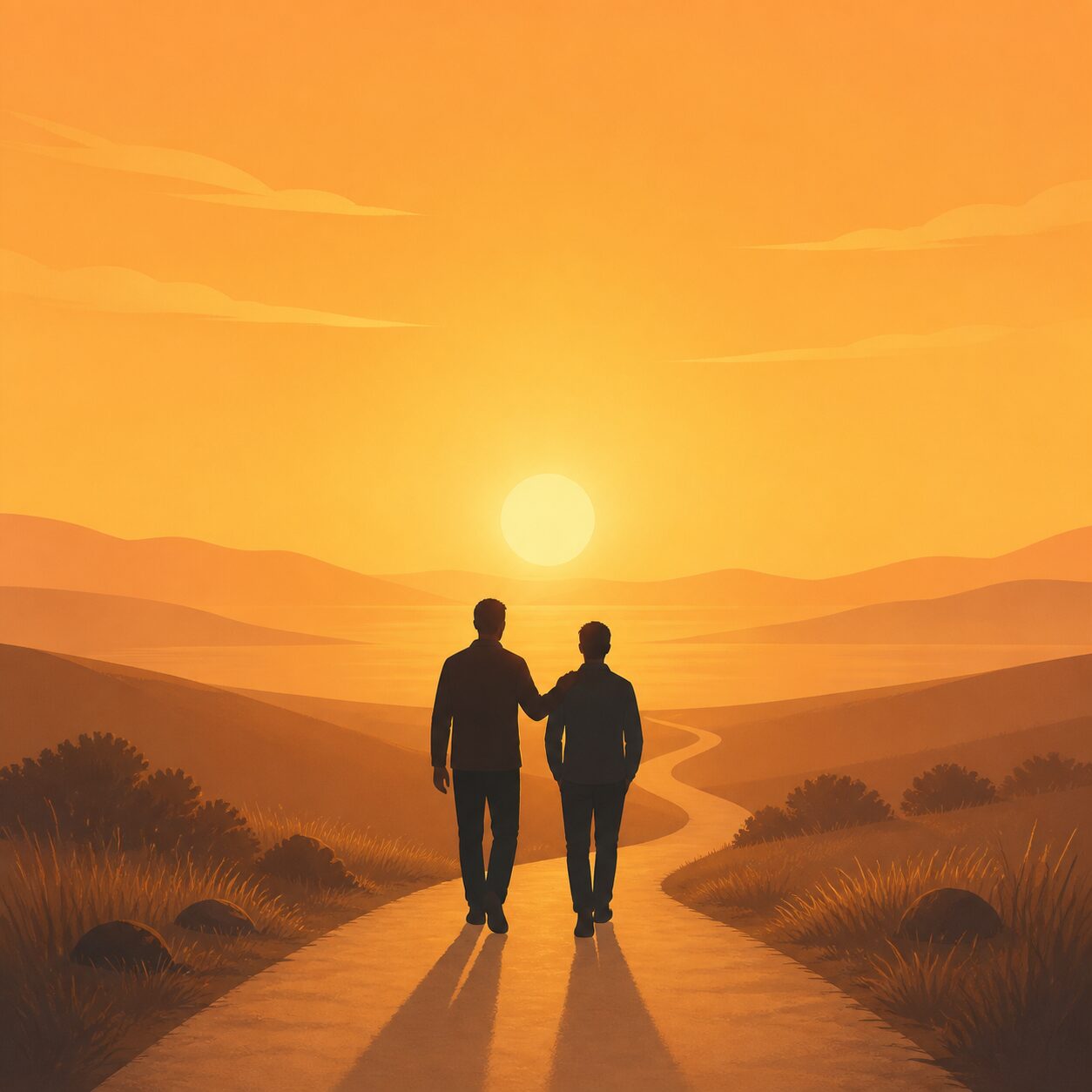 Illustration of two silhouettes walking a road together at sunset