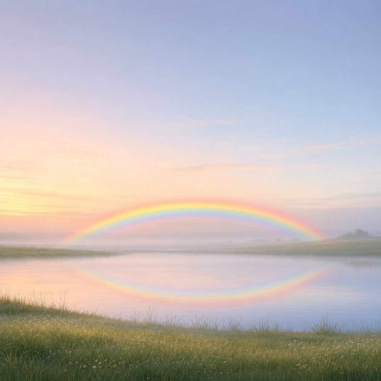 Minimalist symbolic illustration of a rainbow hanging low over calm water