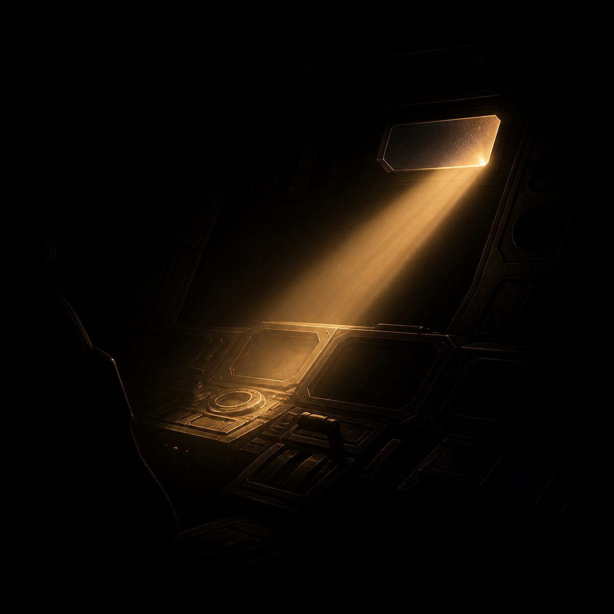 A single beam of light seeping through a spacecraft window in total darkness