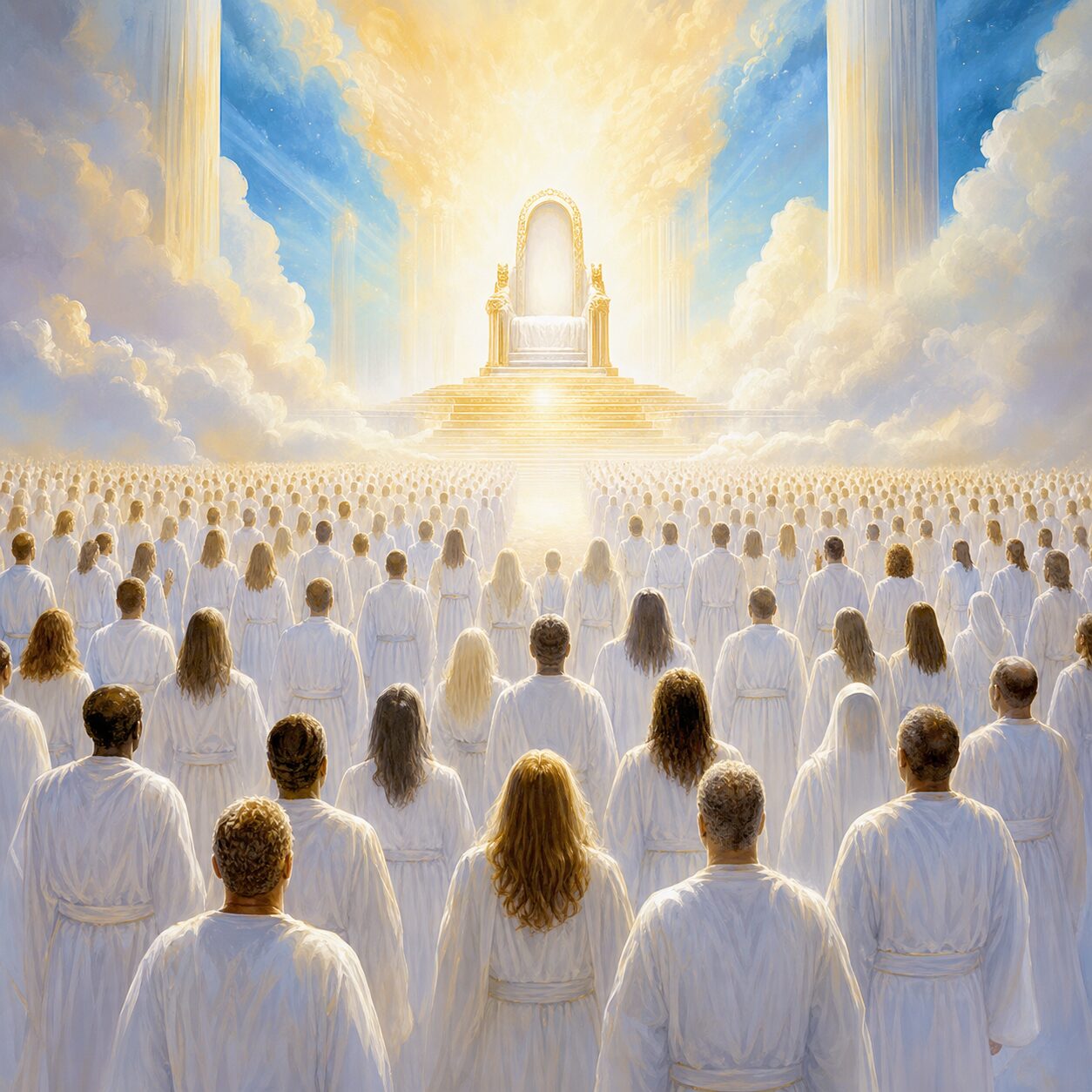 Illustration of a great multitude before a heavenly throne