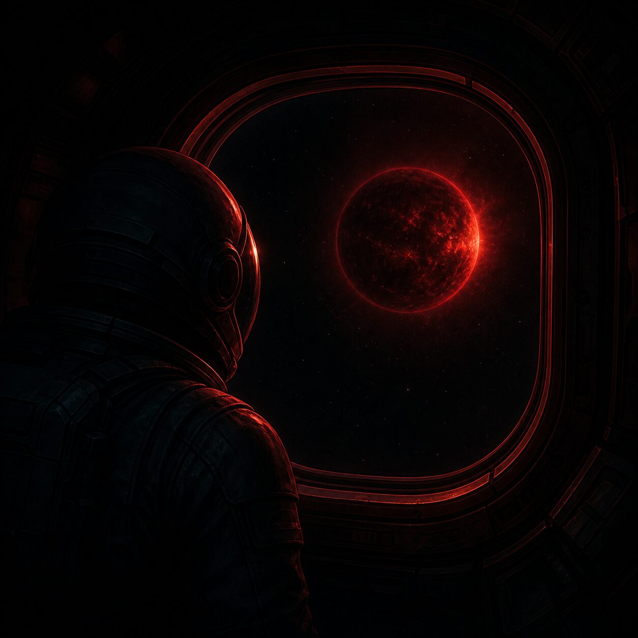 The silhouette of an astronaut gazing at a dimmed red star
