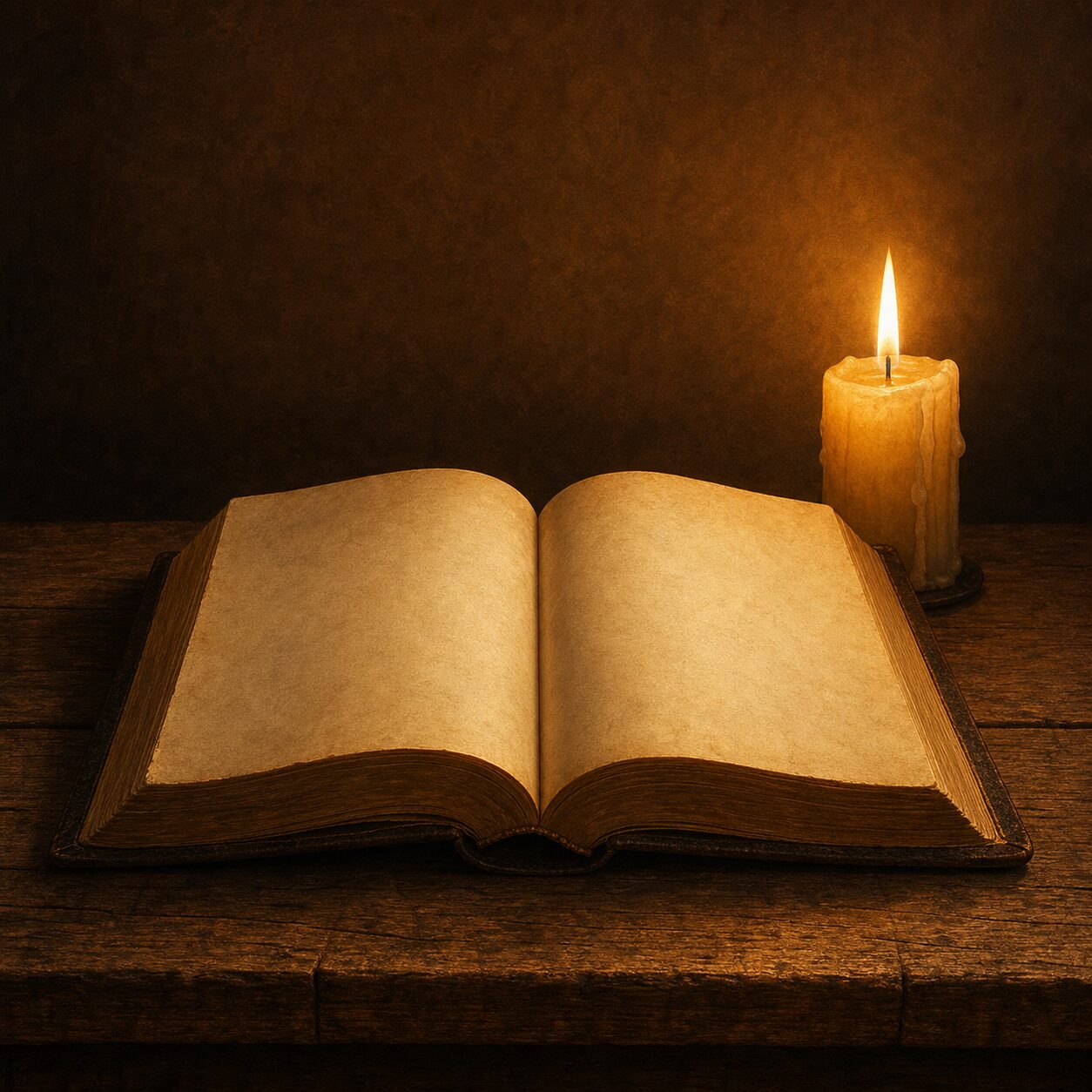 An open Bible beside a lit candle