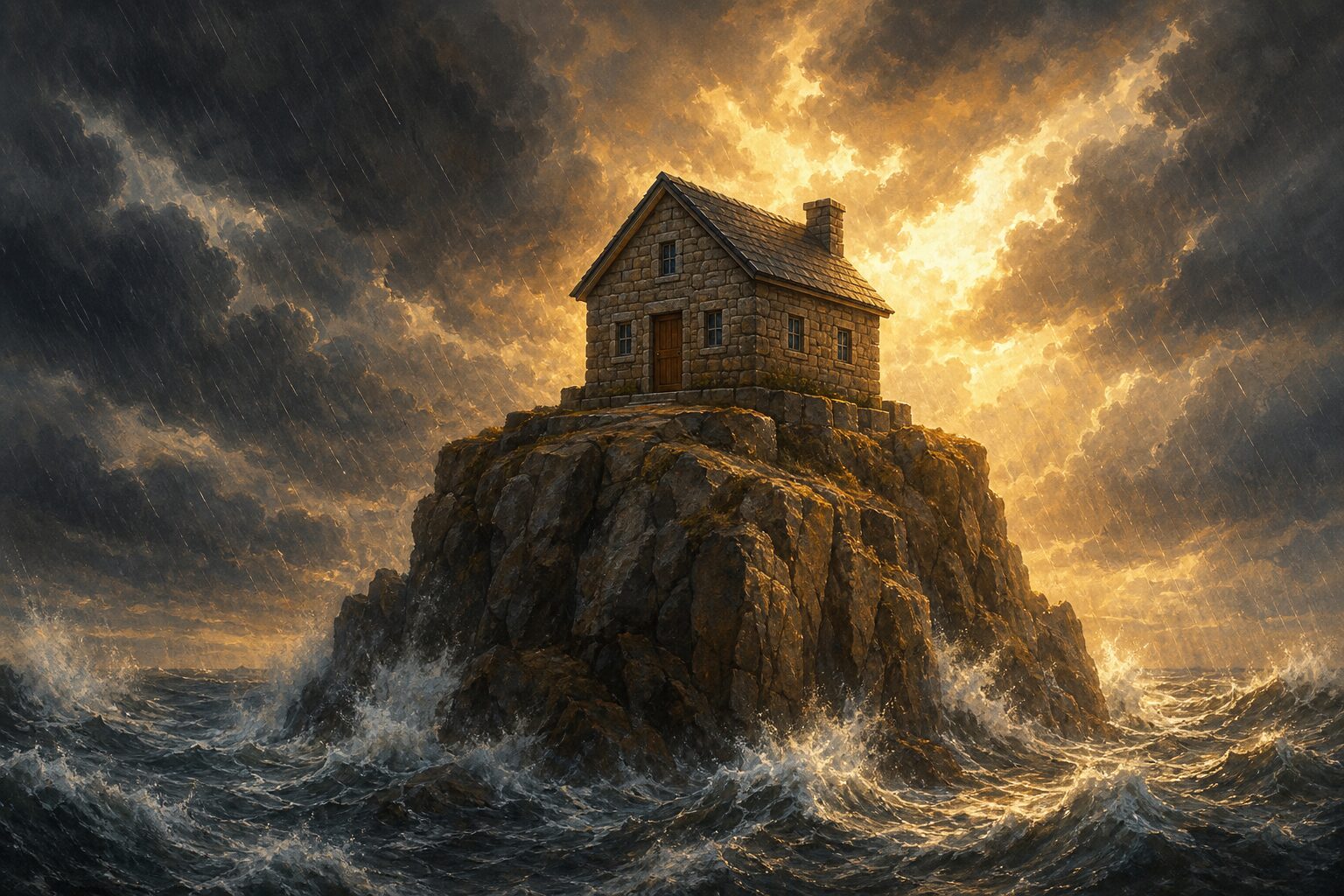 A house standing firm on a rock cliff amid storm and flood — symbolic illustration of the wise builder who hears and does