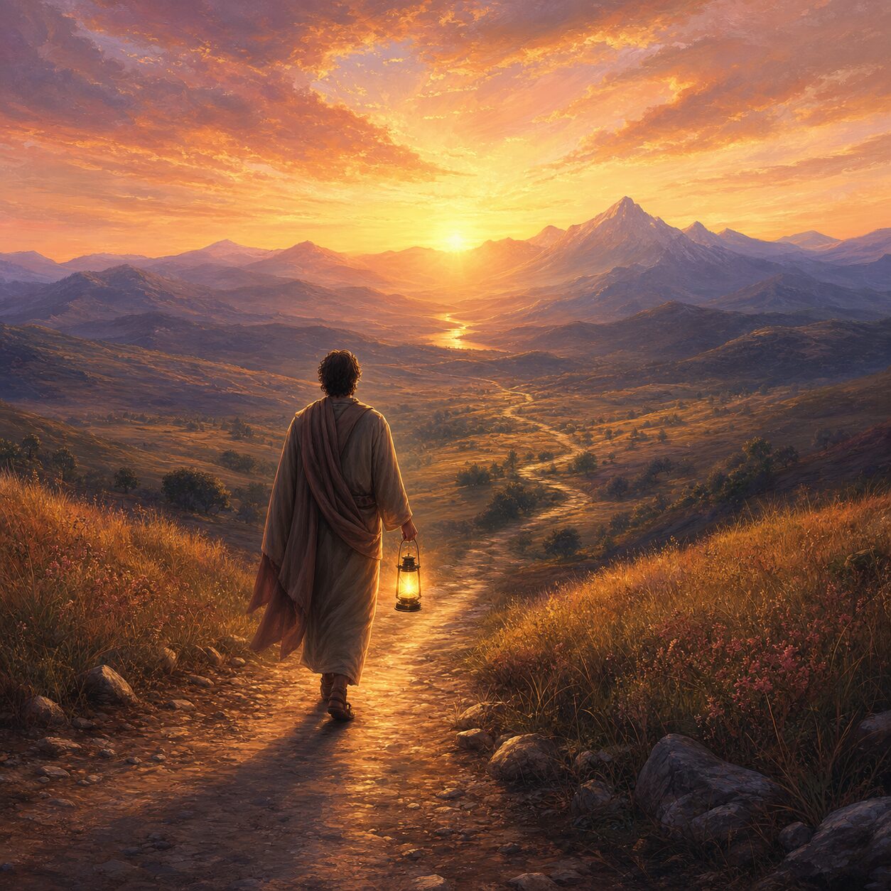 Illustration of a person walking at dawn carrying light
