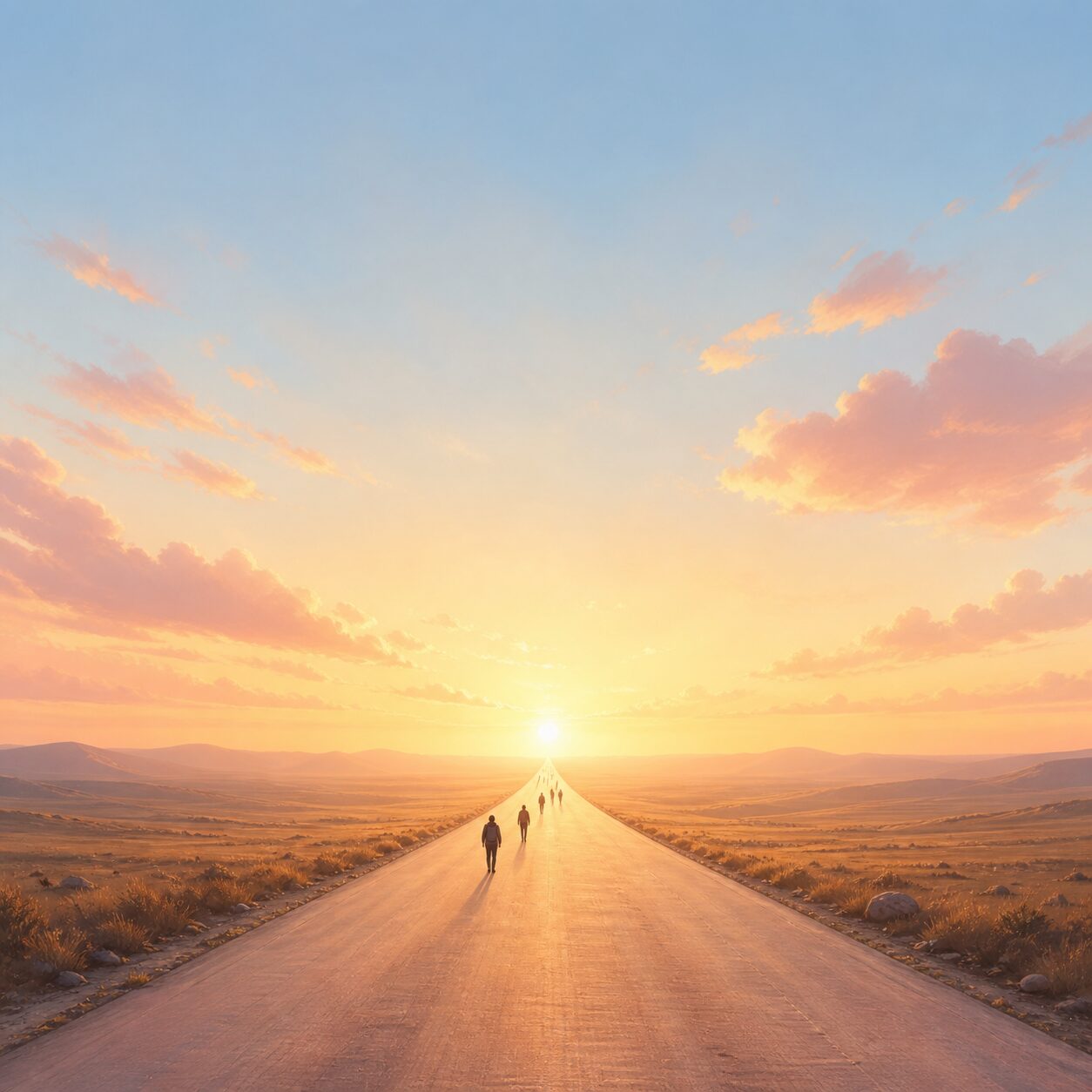 Illustration of people walking toward a sunset horizon on a long road