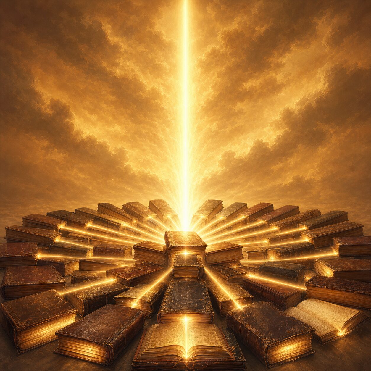 A conceptual illustration of beams of light from several old books converging into one