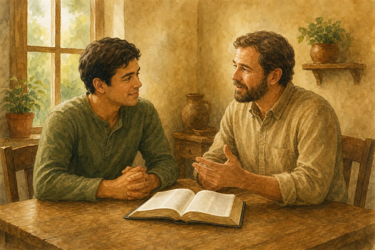 Two people sitting together with an open Bible — one-on-one discipleship